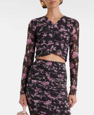 GANNI Women's Floral Mesh Crop Top Size 34 US 2 Black Pink Long Sleeve NWOT